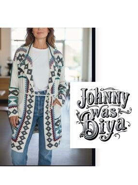 Johnny Was Biya Lela Cardigan Wrap Coat with multicolor southwest embroidery Med